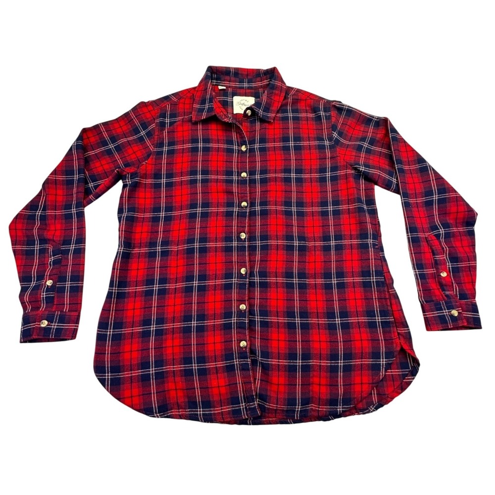 Jachs Girlfriend Shirt‎ Women's Medium Plaid Flannel Red Navy Button Down Red